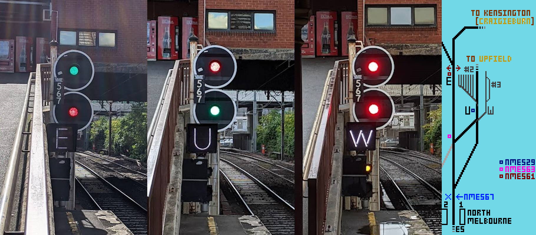 Three photos of Signal NME567 showing 'E', 'U', and 'W' white letters.