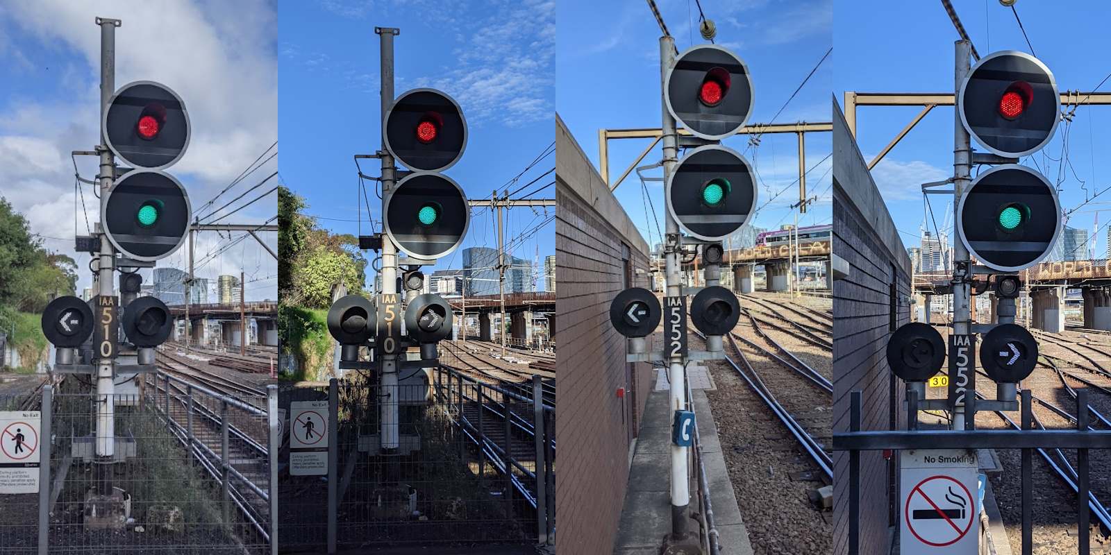 Four photos of two signals with left or right white arrows lit