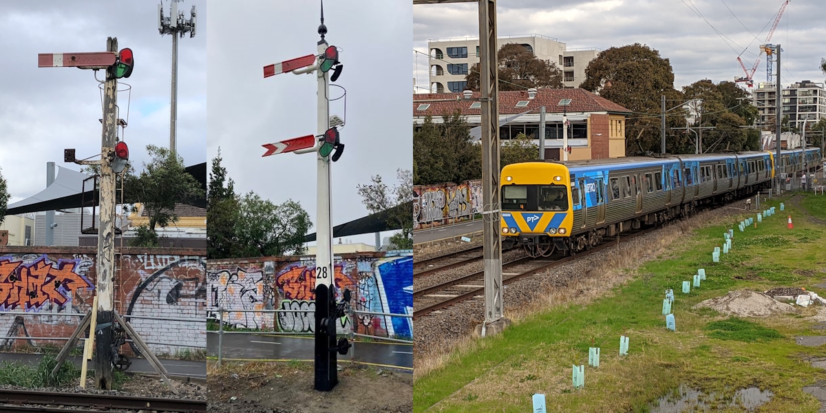 a semaphore signal post, pre and post restoration. train passing that post