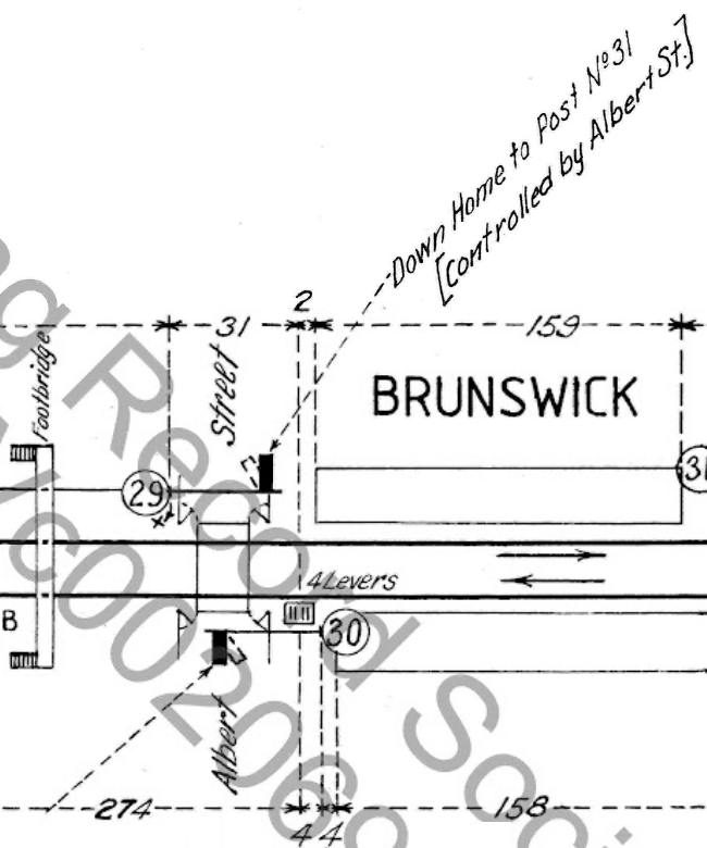 1986 diagram showing posts 29 and 30 near Brunswick station
