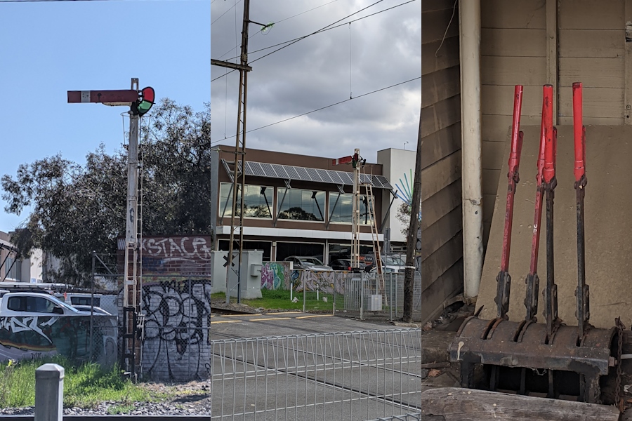 two photos of a semaphore signal post, and 4 signalling levers