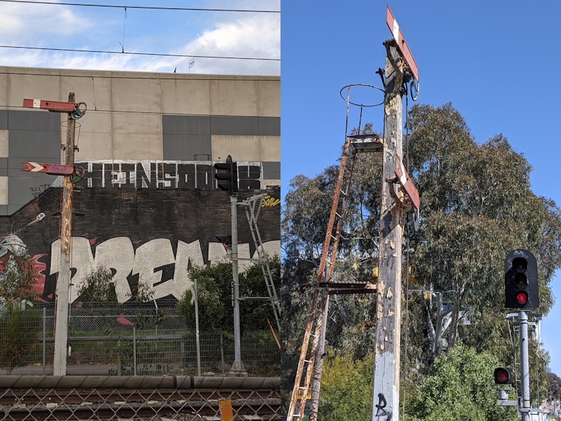 two photos of a semaphore signal post next to an newer automatic signal