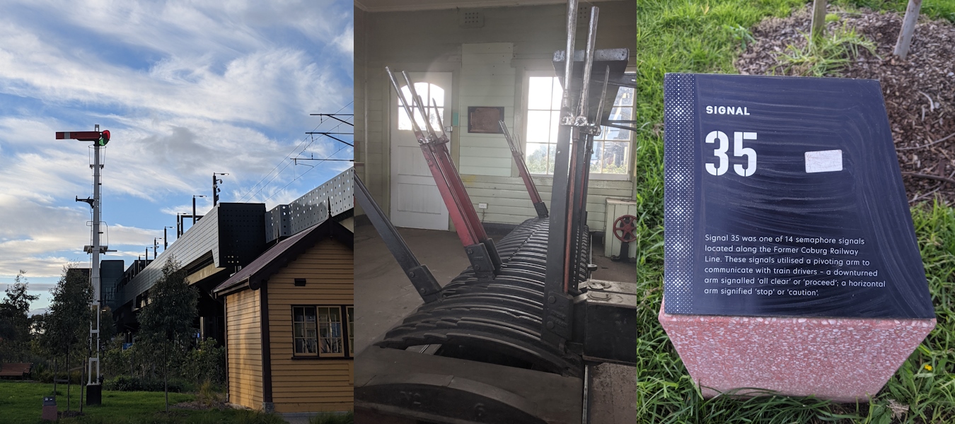 three pictures showing a semaphore signal, signal box levers, and a info board