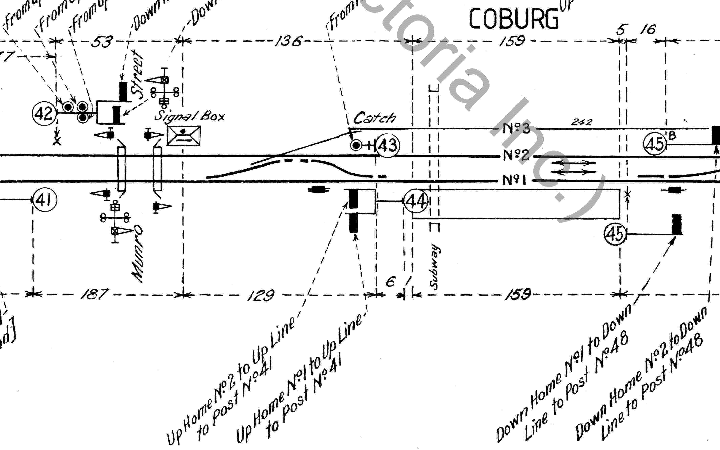 1986 diagram showing post 44 near Coburg station